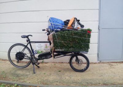 vélo cargo transportant une tondeuse manuelle et de la tonte de gazon