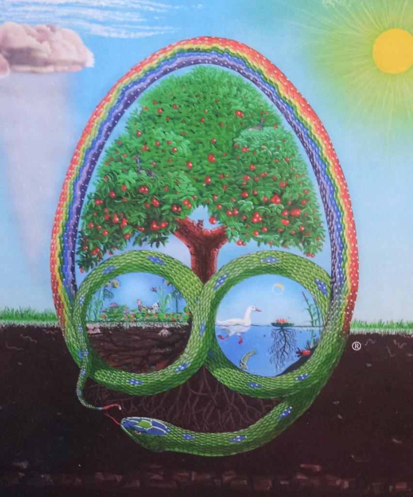 couverture du livre "permaculture : a designer's manual", par bill mollison, décrivant un serpent, un arbre, un arc en ciel, une sorte d'écosystème complet et très harmonieux
