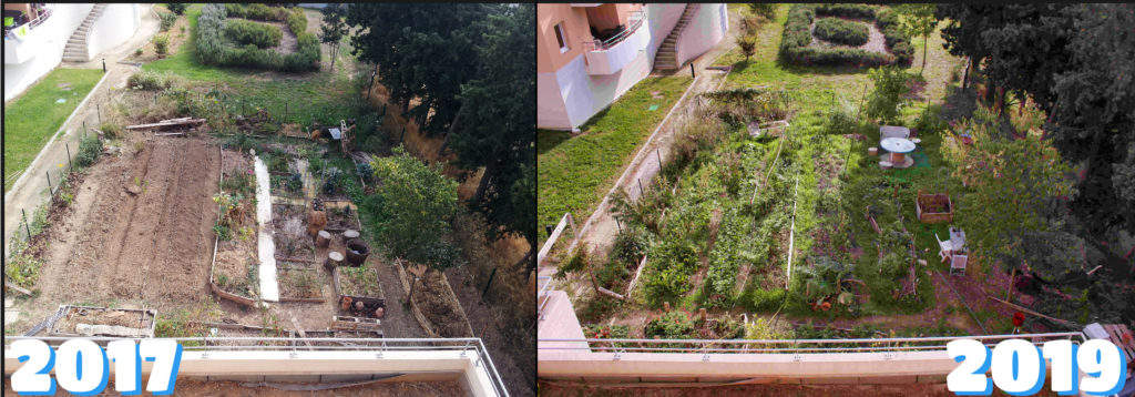 montage photo avant/après du jardin de Villamont en résidence, de 2017 à 2019