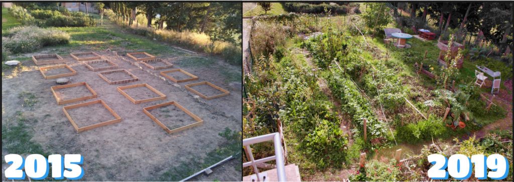 montage photo avant/après du jardin de Villamont en résidence, de 2015 à 2019