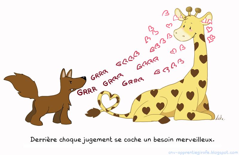 dessin en couleur représentant un chacal et une girafe qui s'échangent des mots, avec une phrase intitulée "derrière chaque jugement se cache un besoin merveilleux"