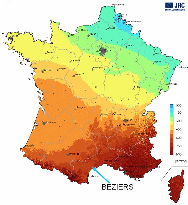 carte montrant le rayonnement solaire moyen en france