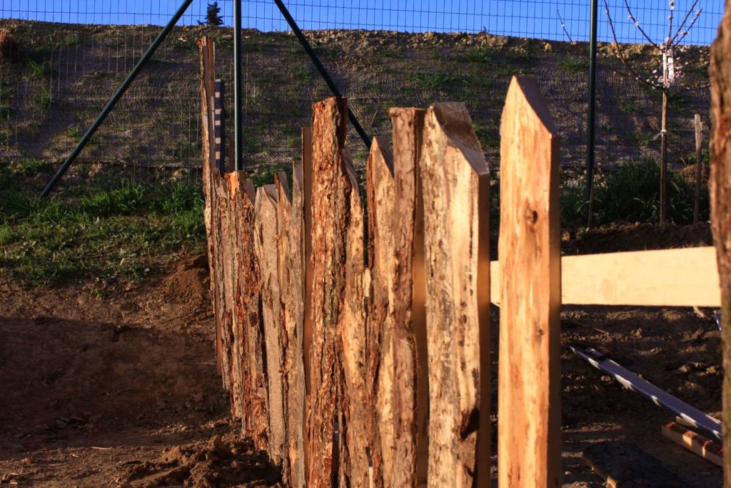 création d'une clotûre en bois dans un potager d'entreprise