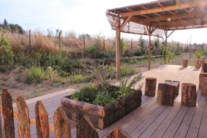 vue sur un potager d'entreprise terminé, avec terrasse, abri, clotûre en dosses, jardinière en dosses, et mare